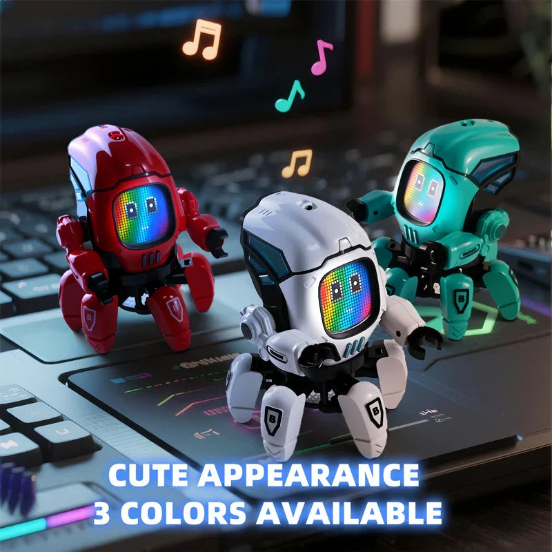 Three colorful claws robot octopus toys with glowing rainbow screens and shield markings for early education baby use