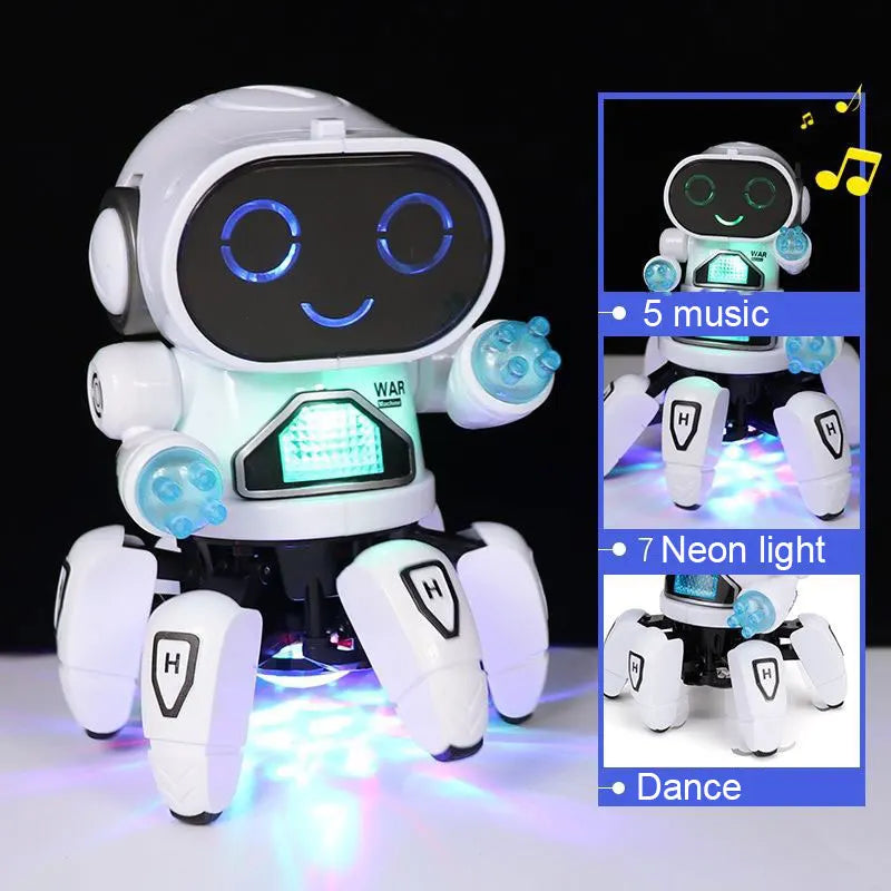 White and black claws robot octopus with glowing blue eyes translucent hands and neon lights for early education baby toy
