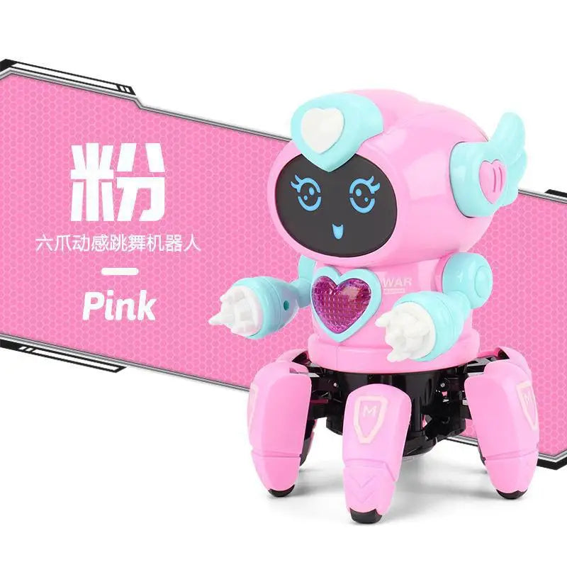 Pink and light blue six-legged claws robot octopus with heart-shaped led lights for early education baby toy gift