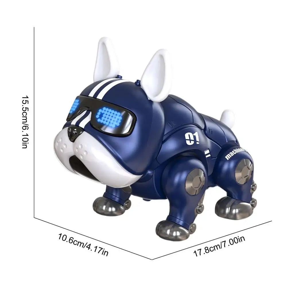 Blue and white robot dog toy with glowing blue led eyes and metallic silver joints designed for early education baby play