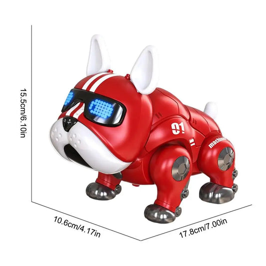 Red and white robot dog toy with blue led eyes and metallic silver joints designed as an intelligent interactive dog for early education baby play