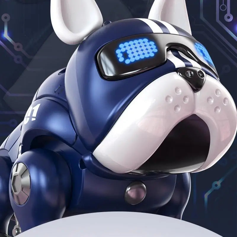 Blue and white robotic bulldog with glowing blue led eyes intelligent interactive dog robot dog toy for early education baby