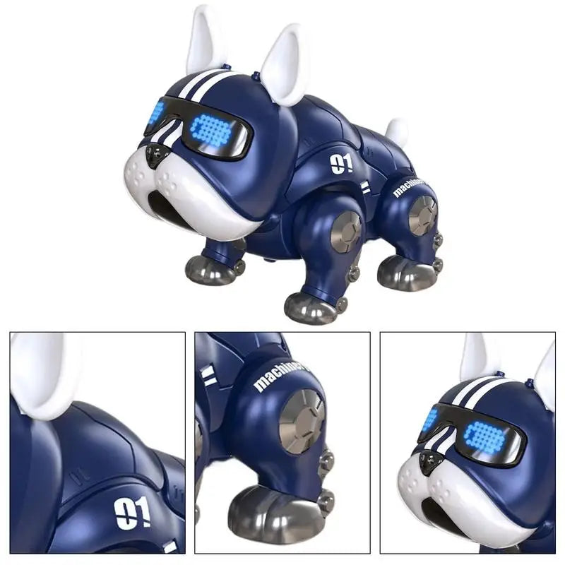 Blue and white robot dog toy with glowing blue LED eyes and metallic silver joints for early education baby interactive play