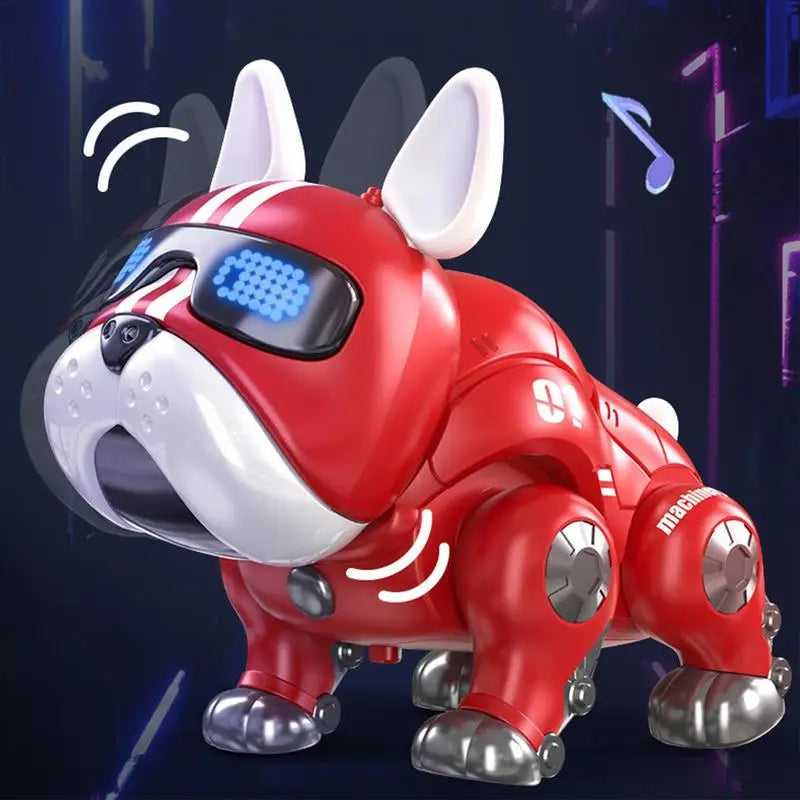 Red robot dog toy with blue led eyes white ears and silver joints designed for early education baby interactive play