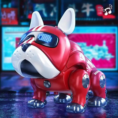 Red and white robot dog toy with glowing blue led eyes and metallic silver joints designed for early education baby use