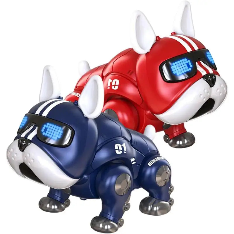 Two intelligent interactive robot dog toys in red and blue with glowing LED eyes for early education baby play