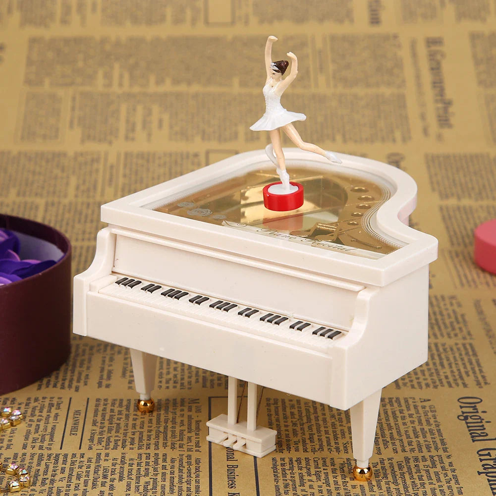 White miniature grand piano elegant music box with dancing ballerina figurine for birthday wedding gift