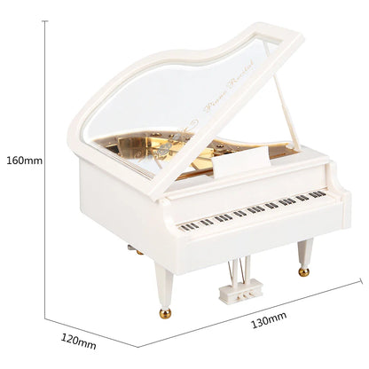 White miniature grand piano elegant music box with gold accents and transparent lid for birthday wedding gift