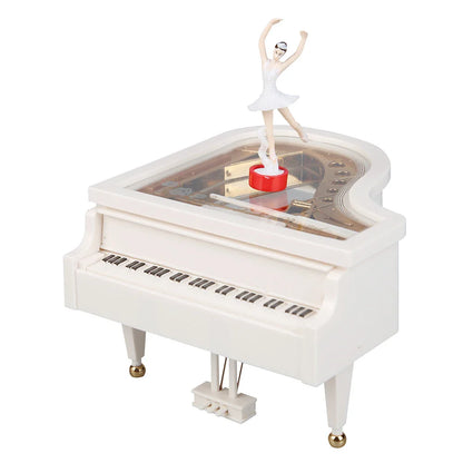 White miniature grand piano elegant music box with dancing ballerina atop transparent lid ideal birthday wedding gift