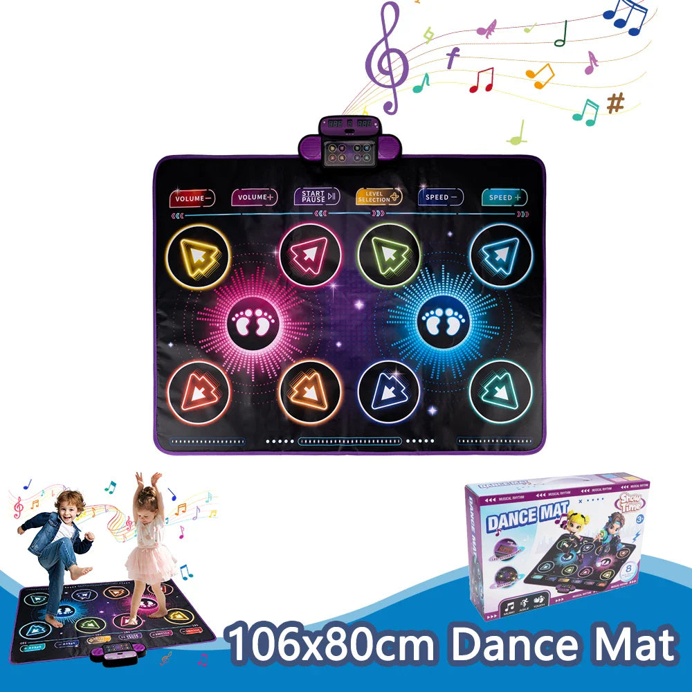 Purple and black electronic dance mat with glowing buttons in double players mode for dancing blanket kids use