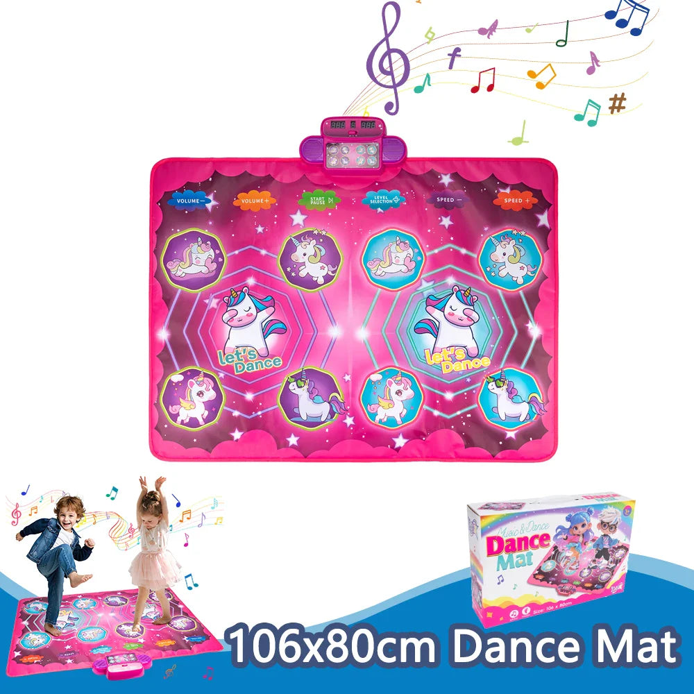 Pink unicorn-themed electronic dance mat dancing blanket kids with colorful buttons and double players mode for kids