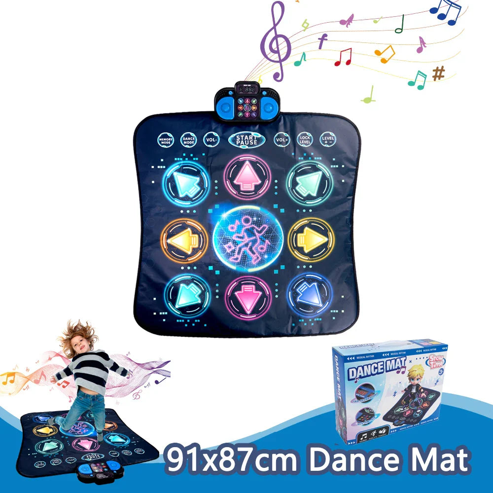 Blue electronic dance mat dancing blanket kids with glowing buttons, central dancer graphic and double players mode control pad