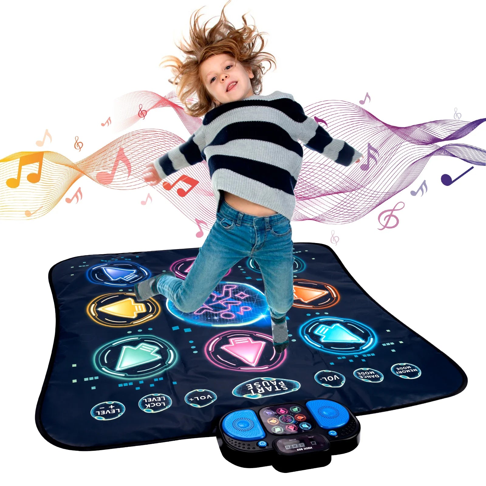 A child leaps joyfully on a dark blue electronic dance mat dancing blanket kids with double players mode and glowing buttons