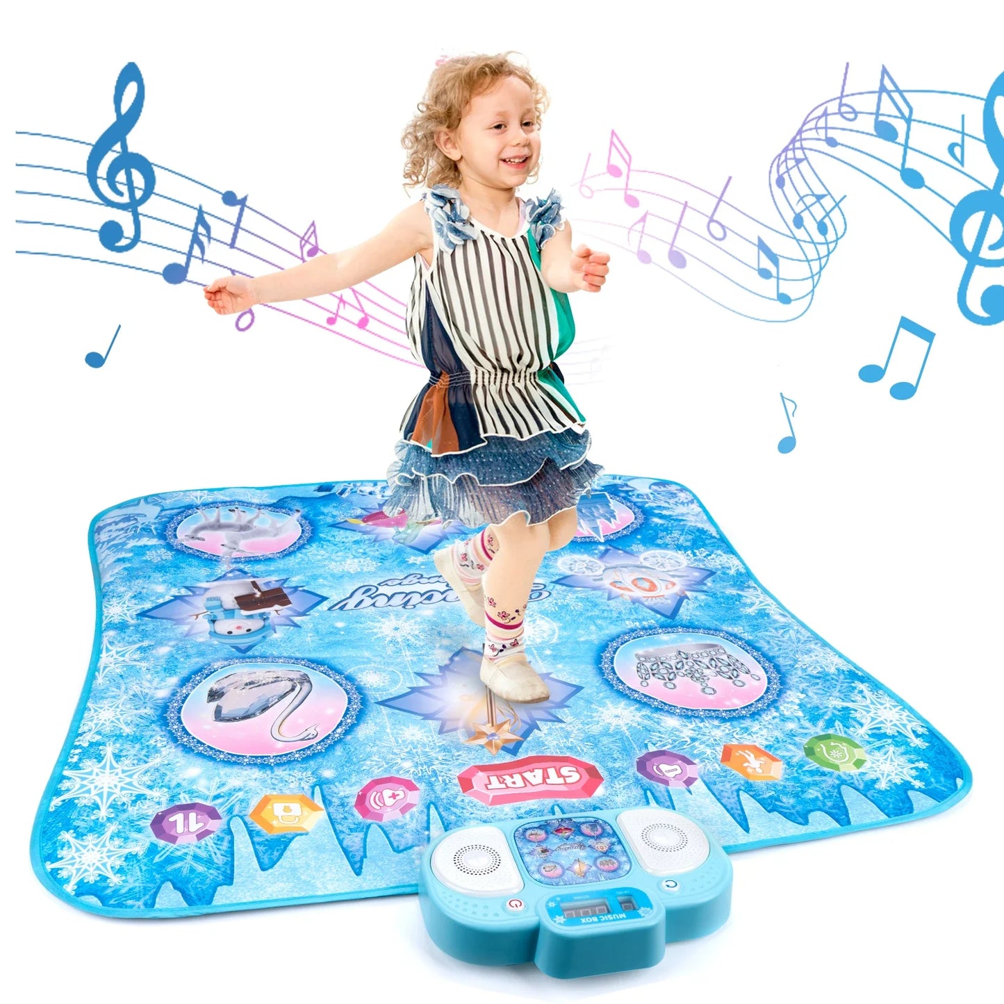 Blue frozen-themed electronic dance mat dancing blanket kids with colorful icons and double players mode control unit