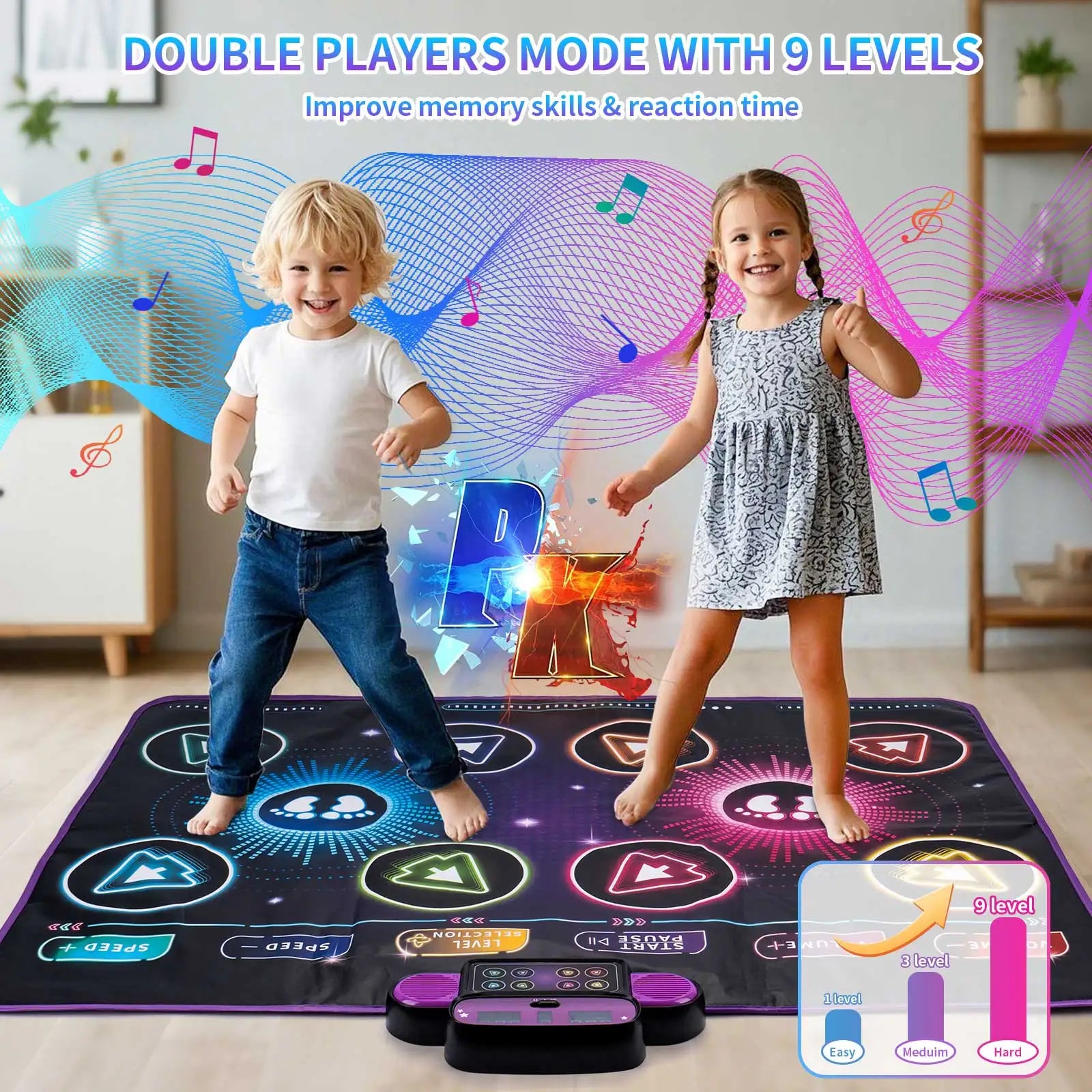 A vibrant electronic dance mat dancing blanket kids with glowing blue and pink buttons for double players mode