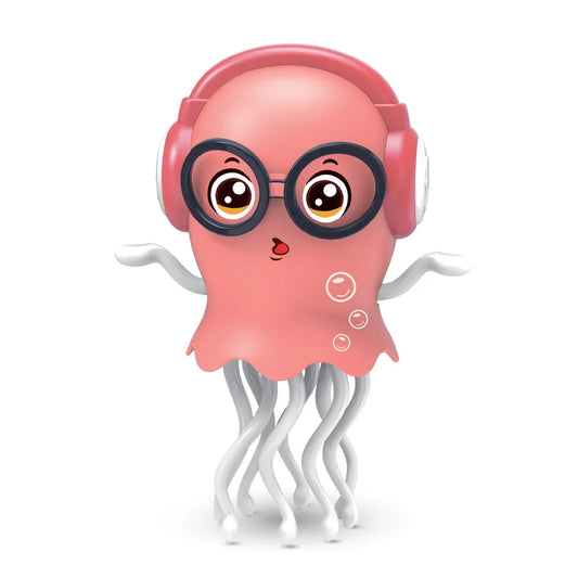 Pink electric jellyfish figurine with black-rimmed glasses and headphones featuring automatic obstacle avoidance and light music christmas gift