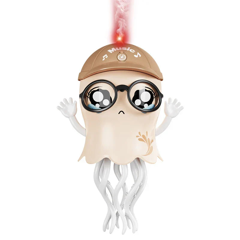 Beige cartoonish electric jellyfish toy with automatic obstacle avoidance, light music christmas, black glasses, and tan cap