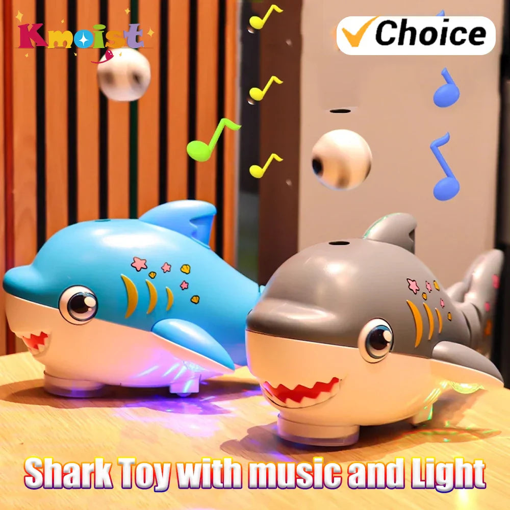 Blue and gray shark-shaped toys with cartoon eyes and stars for electric jellyfish automatic obstacle avoidance light music christmas gifts