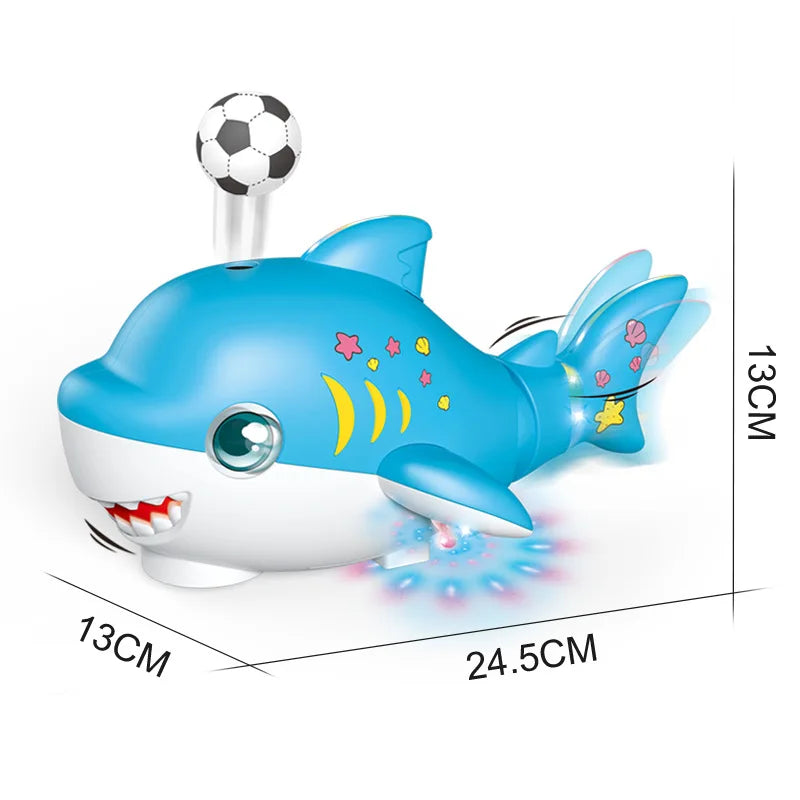 Blue and white plastic shark toy with a soccer ball on its back for electric jellyfish automatic obstacle avoidance light music christmas gifts