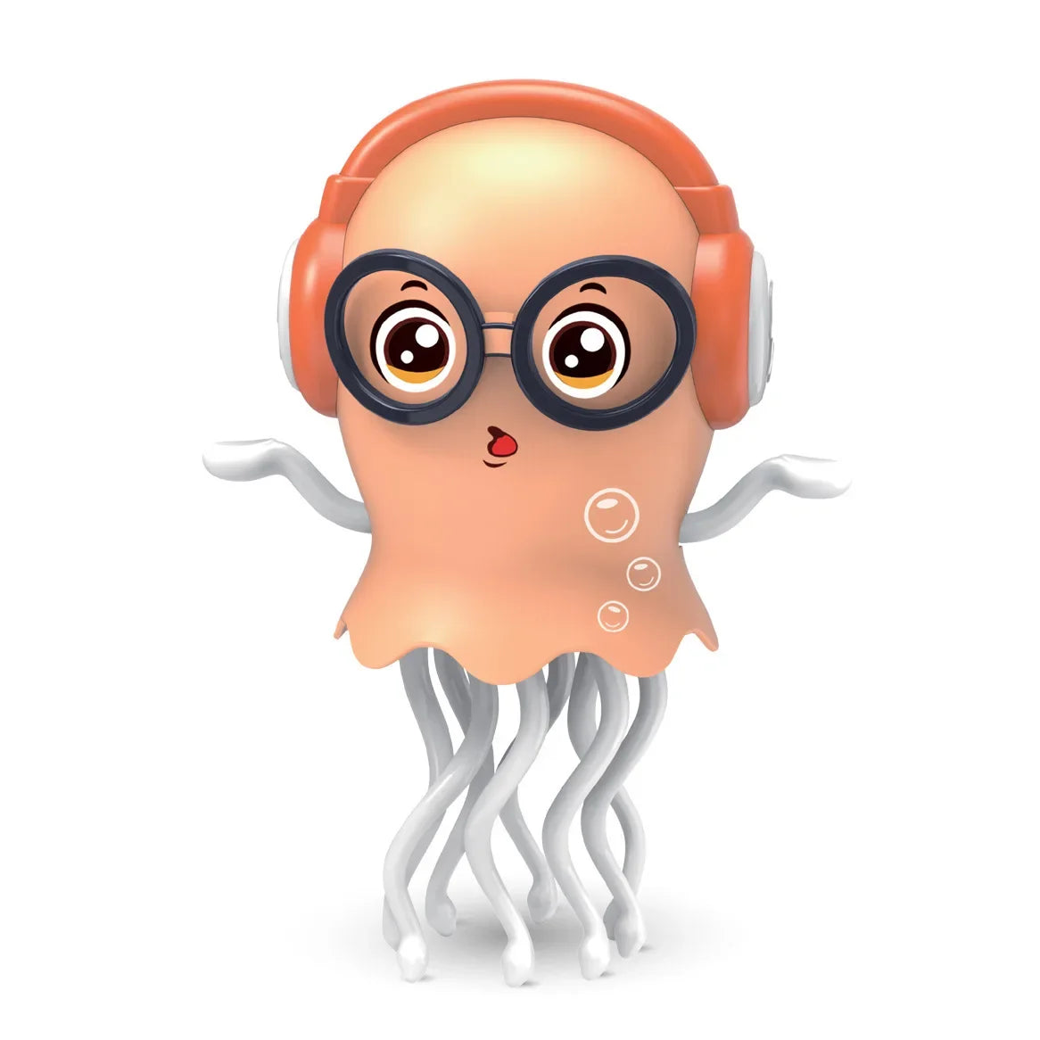A cute peach-colored electric jellyfish figurine with orange headphones and glasses featuring automatic obstacle avoidance light music christmas gift