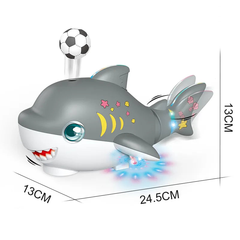Animated gray and white shark toy with glowing blue lights yellow stripes pink stars and soccer ball for electric jellyfish toy with automatic obstacle avoidance and light music christmas gift