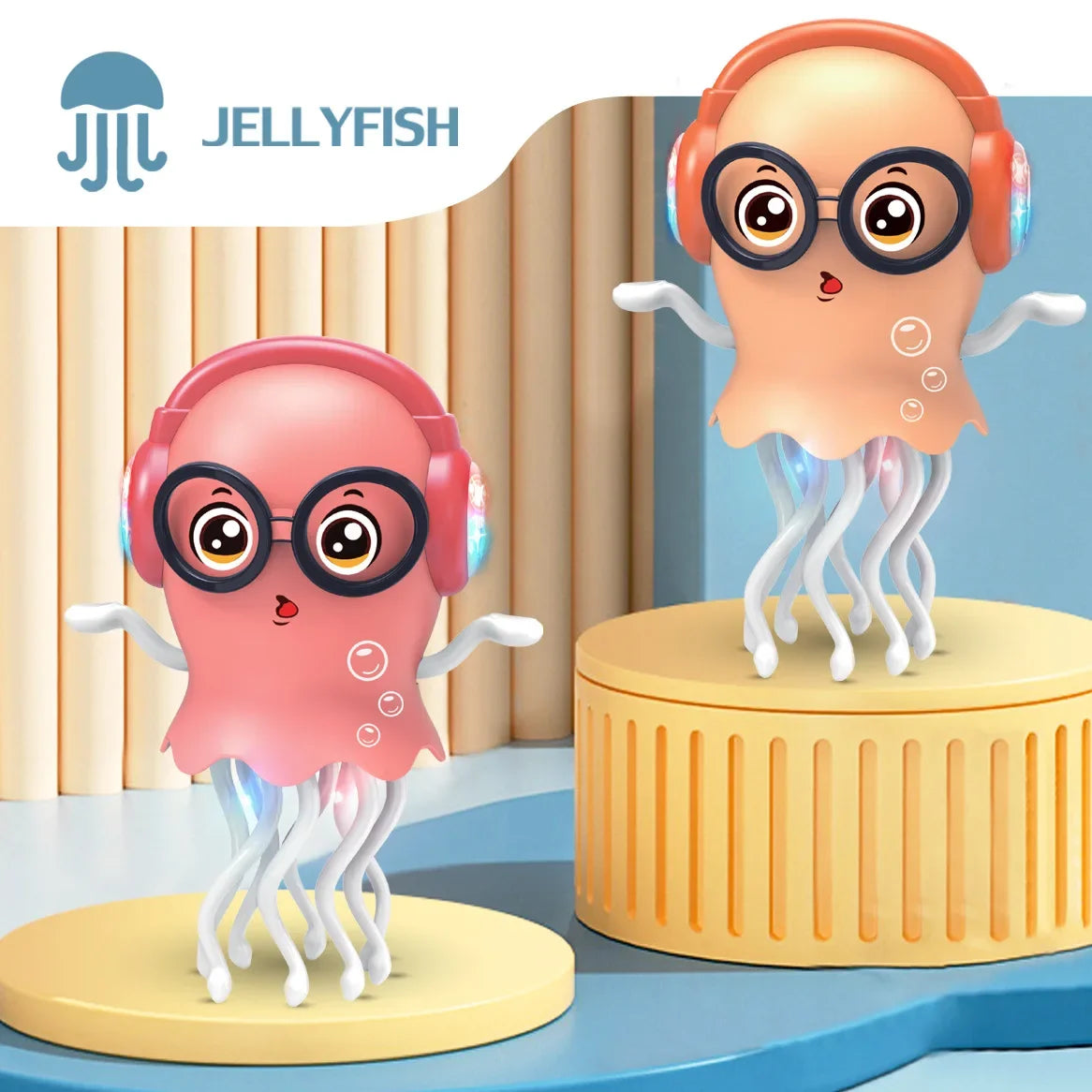 Pink and beige electric jellyfish toys with black glasses orange headphones and glowing blue tentacles for light music christmas gifts