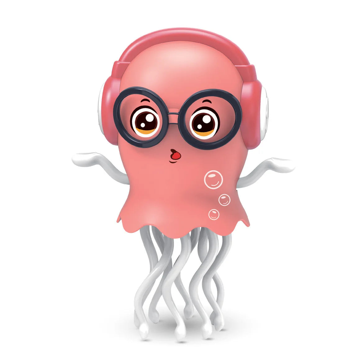 Pink plastic electric jellyfish toy with black glasses and pink headphones featuring automatic obstacle avoidance and light music christmas gift