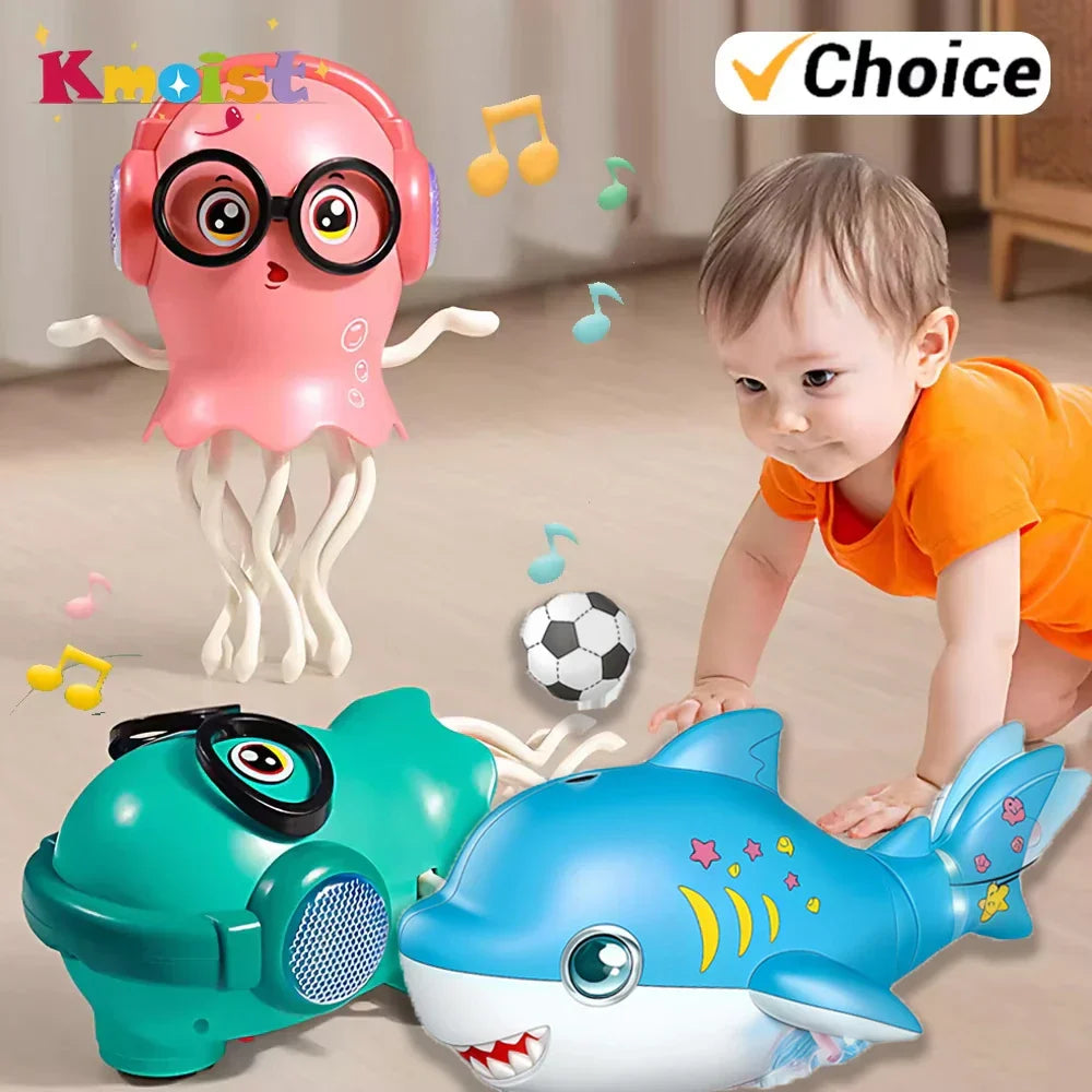 Pink electric jellyfish toy with black glasses and white tentacles featuring automatic obstacle avoidance and light music christmas design
