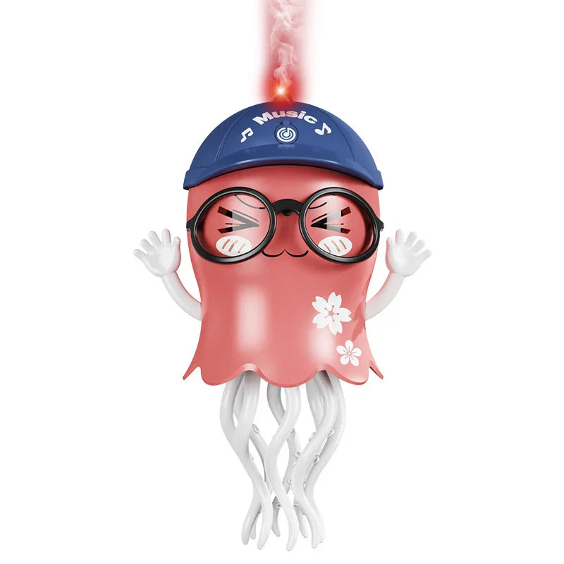 Pink electric jellyfish toy with automatic obstacle avoidance, glowing red light, blue cap, glasses, and light music christmas gift