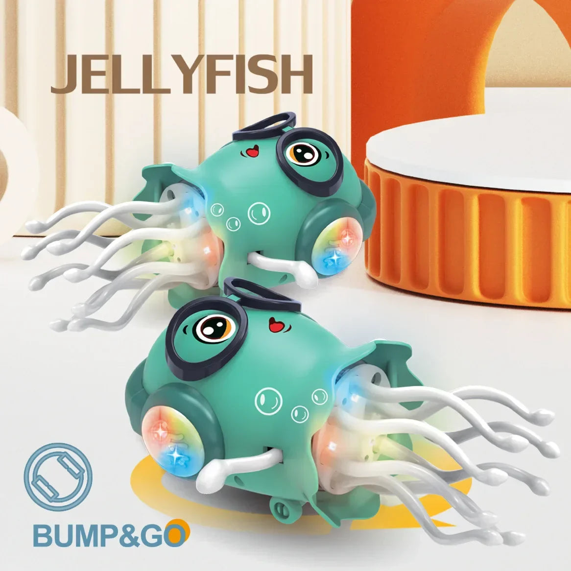 Teal electric jellyfish toy cars with automatic obstacle avoidance and glowing rainbow lights for light music christmas gifts