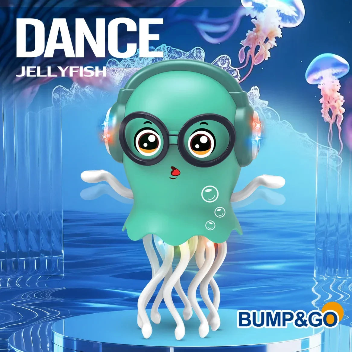 Teal electric jellyfish toy with automatic obstacle avoidance glowing orange headphones plays light music christmas gift