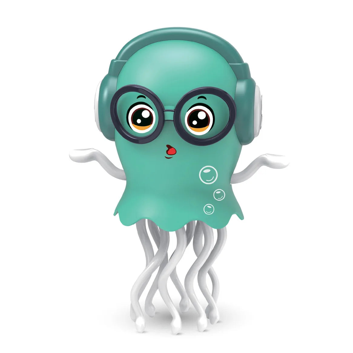 Teal electric jellyfish toy with white tentacles, black-rimmed glasses, headphones, and automatic obstacle avoidance light music christmas gift