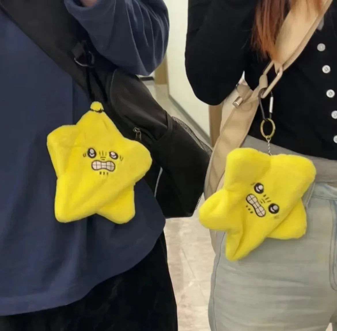 Bright yellow plush star-shaped keychain with embroidered face, a cute moving meteor pendant doll backpack ornament