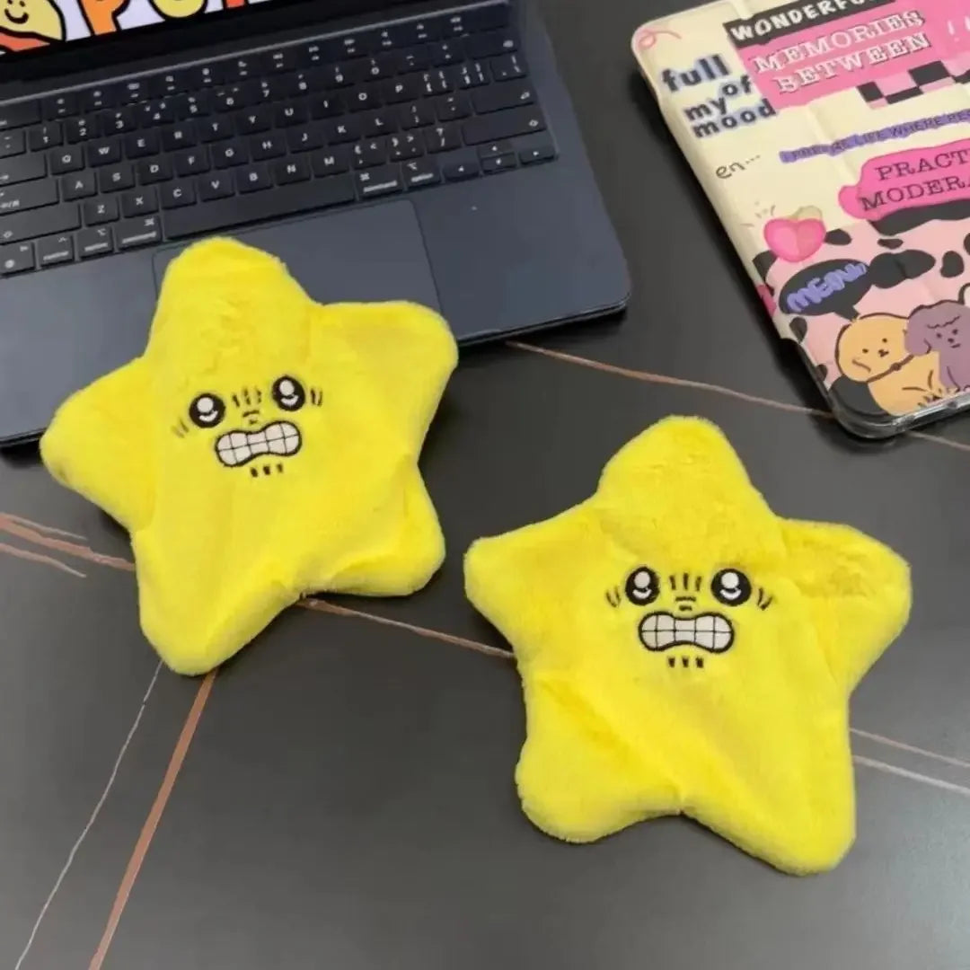 Two bright yellow plush dancing stars plush with embroidered faces for doll backpack ornament and moving meteor pendant gifts