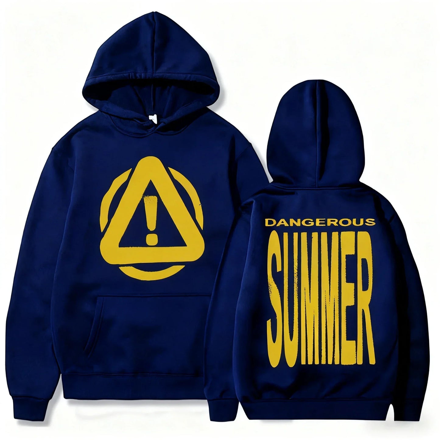 Navy blue cotton hoodie yeat singer with bold yellow dangerous summer warning print front and back hiphop streetwear