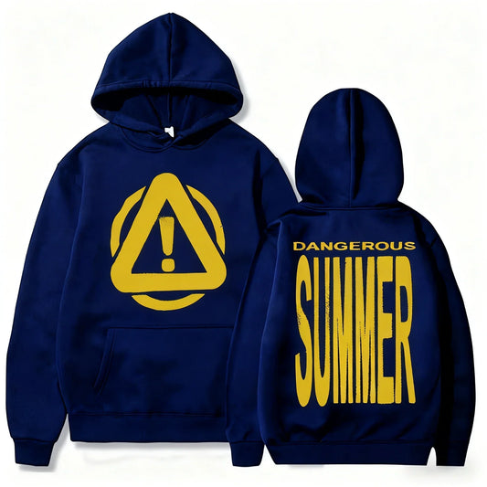 Navy blue cotton hoodie yeat singer with bold yellow dangerous summer warning print front and back hiphop streetwear