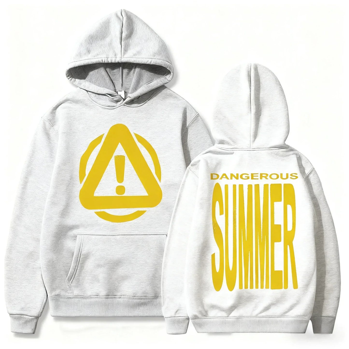 A light gray cotton hoodie yeat singer design with a yellow dangerous summer warning print for hiphop streetwear
