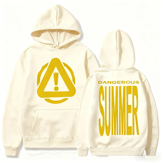 Cream-colored hoodie featuring a bold yellow warning symbol front and dangerous summer text back in hiphop streetwear cotton