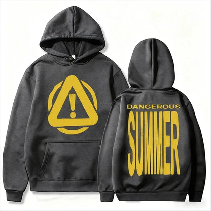 Black hoodie with bold yellow dangerous summer warning triangle on front and matching back text hiphop streetwear cotton