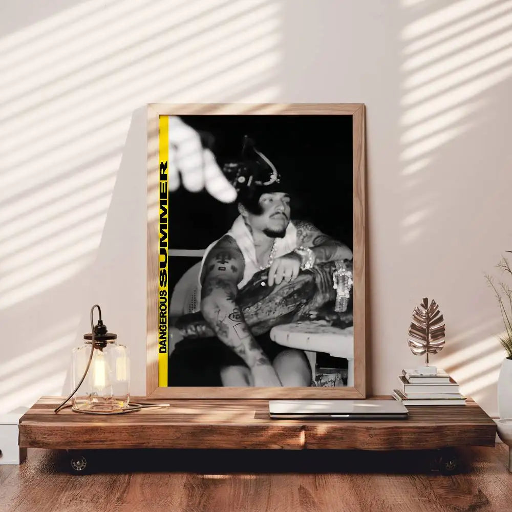 Black-and-white framed dangerous summer y-yeat poster with tattooed man on art waterproof paper sticker coffee house decor