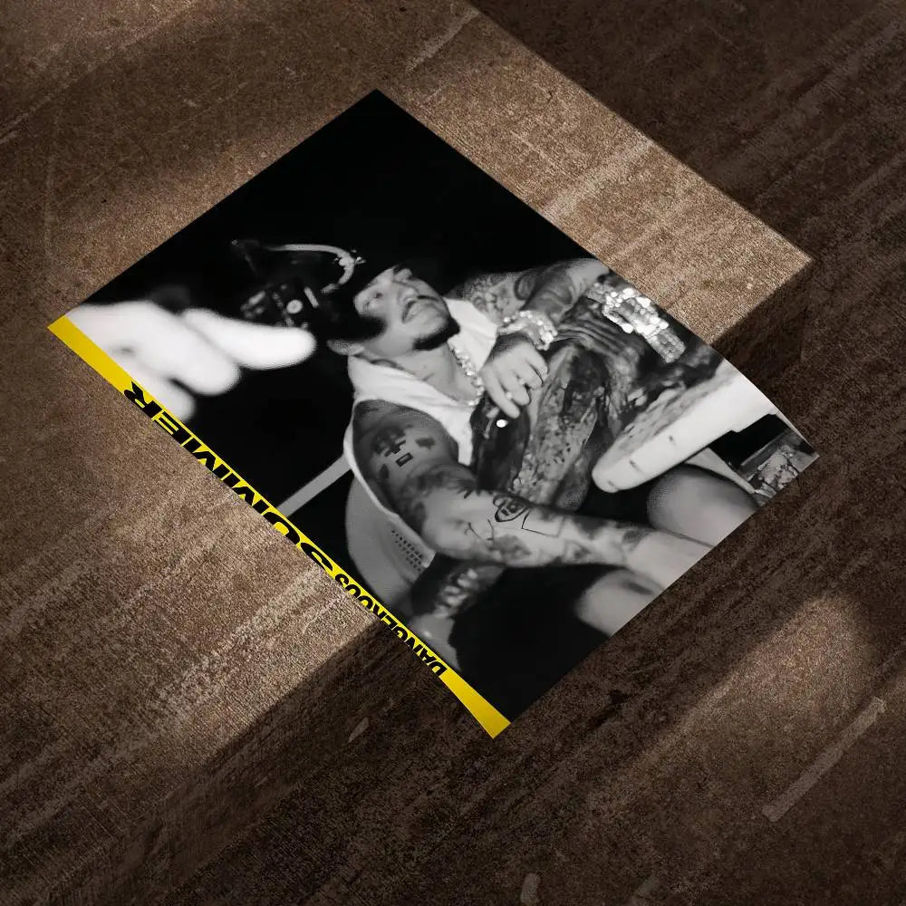 Black and white tattooed man poster with yellow border on art waterproof paper sticker coffee house use dangerous summer