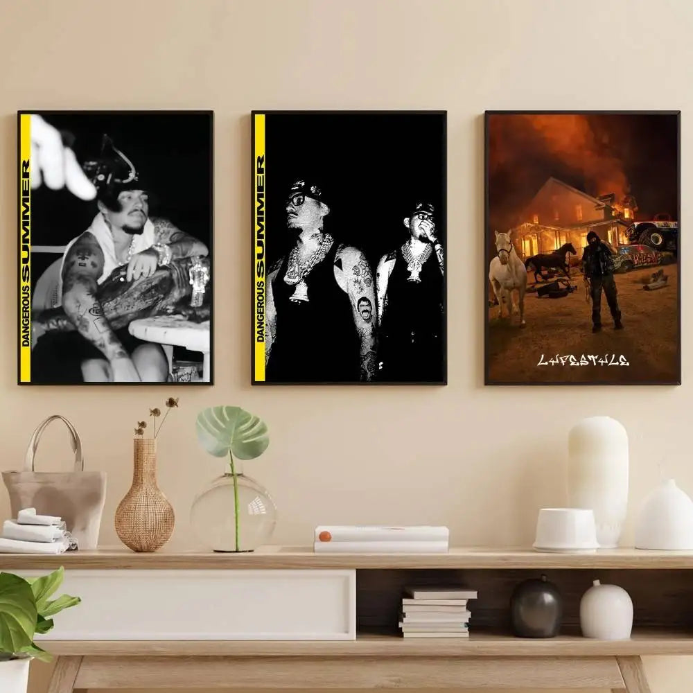 Three framed dangerous summer posters with bold yellow text on art waterproof paper sticker for coffee house decor