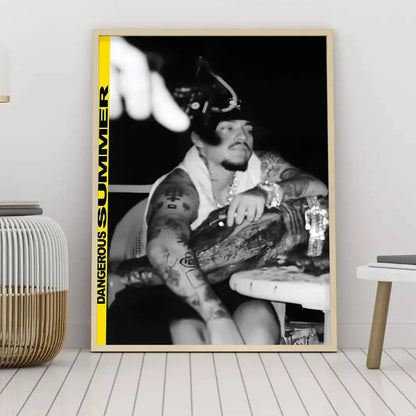 Black-and-white framed dangerous summer poster featuring tattooed man with bold yellow text on art waterproof paper sticker for coffee house