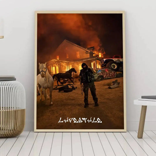 A framed dangerous summer y-yeat poster with fiery horses and burning house on art waterproof paper sticker coffee house decor