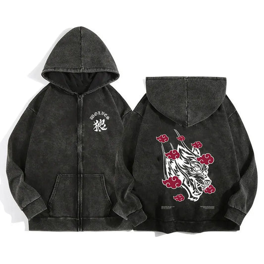 Black cotton darc wolves sport zip up hoodie for men and women showing the back with white wolf and red cloud print