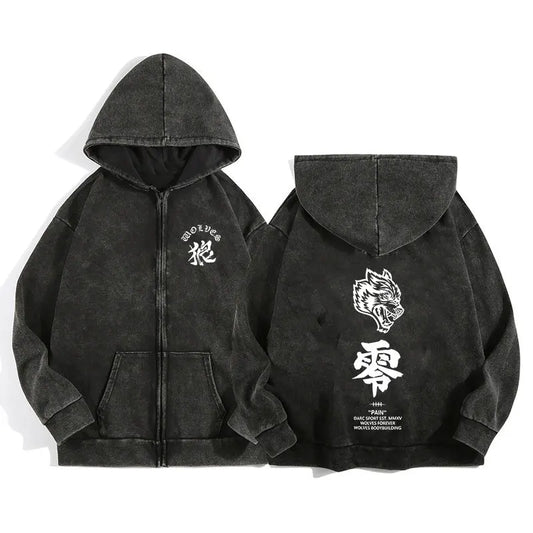 Black cotton darc wolves sport zip up hoodie for men and women with distressed fabric and white wolf graphic on back