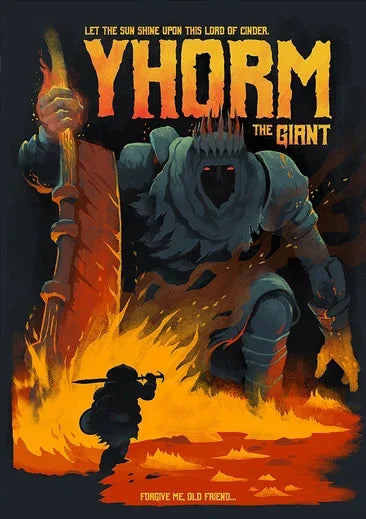 Dark souls game music poster featuring yhorm the giant in fiery orange tones giant canvas cartoon abysswalker wall art
