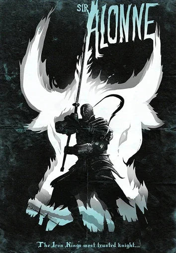 Black and white illustrated dark souls game music poster of sir alonne with wings on abysswalker wall art canvas