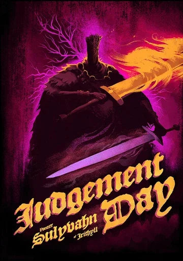 A dark cloaked figure with glowing swords on a vibrant backdrop in a giant canvas cartoon abysswalker wall art poster