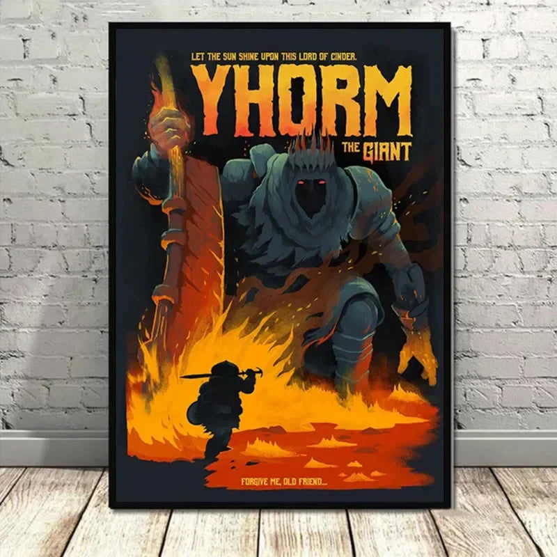 A framed souls game music poster featuring giant canvas cartoon yhorm the giant in dark blue armor with fiery torch